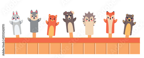 Set hand puppets animals. theater actor toys, bear fox and rabbit, forest characters. Childish entertainment show. Marionettes on fingers. Cartoon flat style isolated vector concept