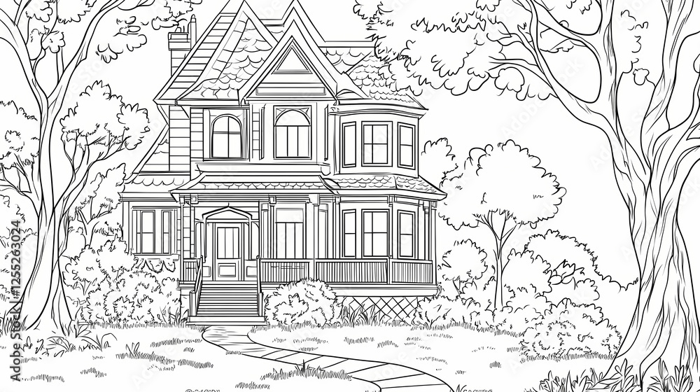 Obraz premium Black and white line art illustration of an old Victorian house with a large front porch surrounded by trees, a coloring book page