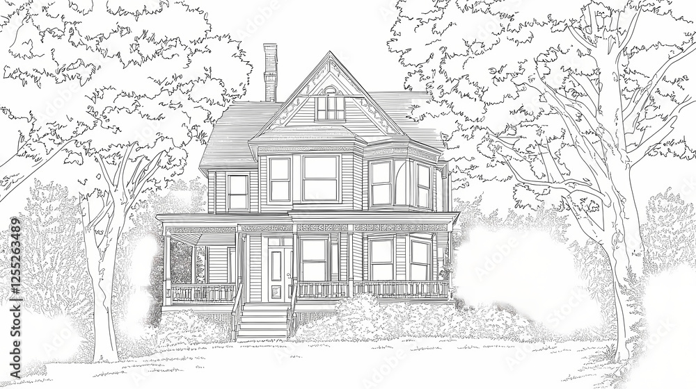 Black and white line art illustration of an old Victorian house with a large front porch surrounded by trees, a coloring book page Black and white line art illustration of an old Victorian house with a large front porch surrounded by trees, a coloring book page