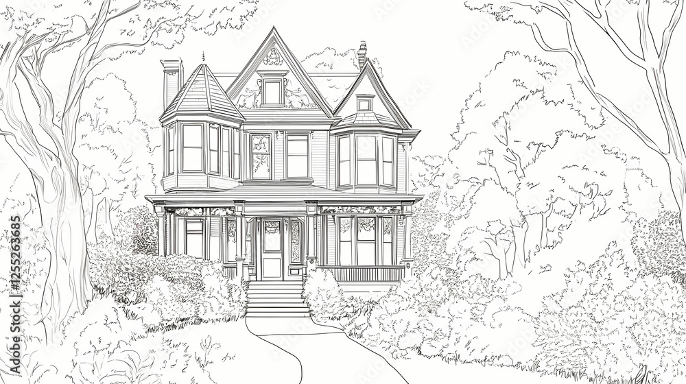 Black and white line art illustration of an old Victorian house with a large front porch surrounded by trees, a coloring book page Black and white line art illustration of an old Victorian house with a large front porch surrounded by trees, a coloring book page