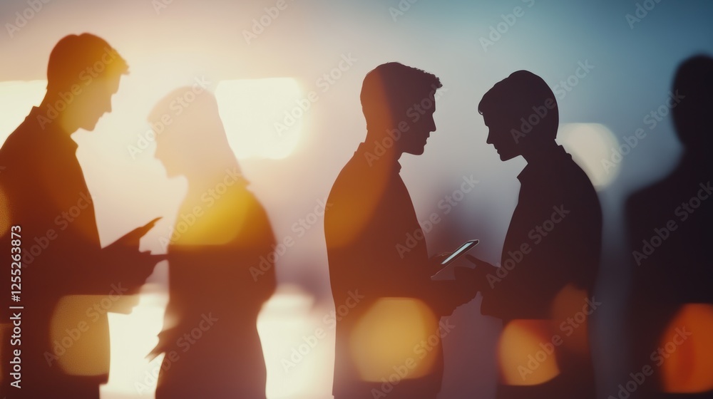 Networking, collaboration, and communication among business professionals in silhouette against a colorful background representing modern workplace dynamics. Networking, collaboration, and communication among business professionals in silhouette against a colorful background representing modern workplace dynamics.