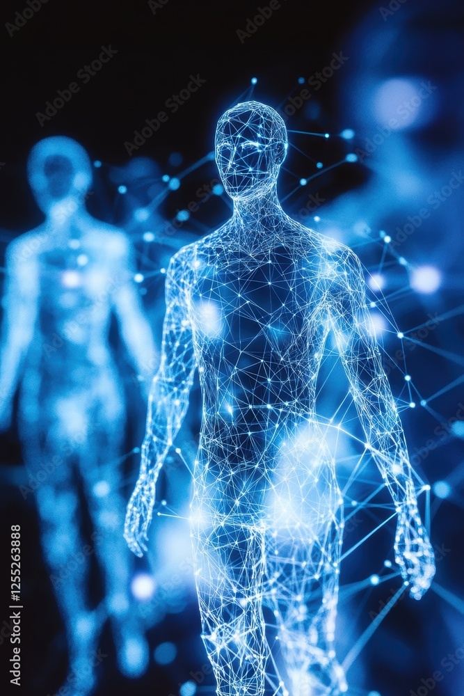 Networked human figures represented in digital form, illustrating concepts of technology, AI, and futuristic healthcare innovations in virtual environments. Networked human figures represented in digital form, illustrating concepts of technology, AI, and futuristic healthcare innovations in virtual environments.