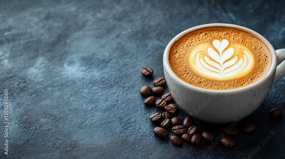 world coffee day steaming cup of coffee with latte art and coffee beans on dark background world coffee day steaming cup of coffee with latte art and coffee beans on dark background
