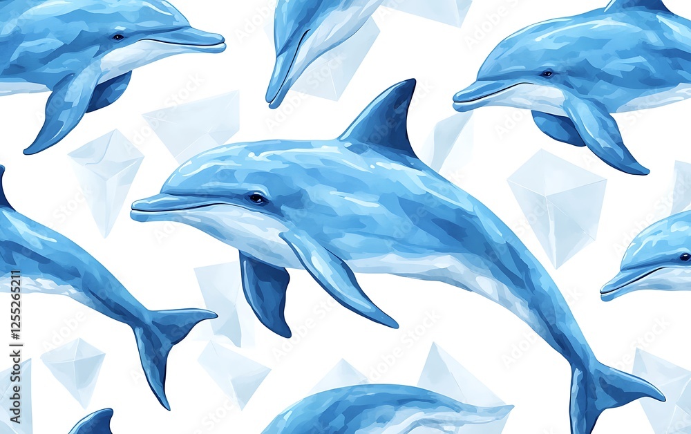 Obraz premium Dolphins swimming, ocean pattern, underwater design, fabric print
