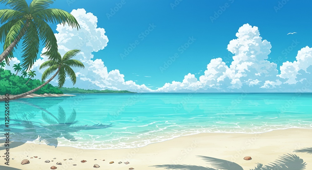 Tropical beach with turquoise water and palm trees overhead Tropical beach with turquoise water and palm trees overhead