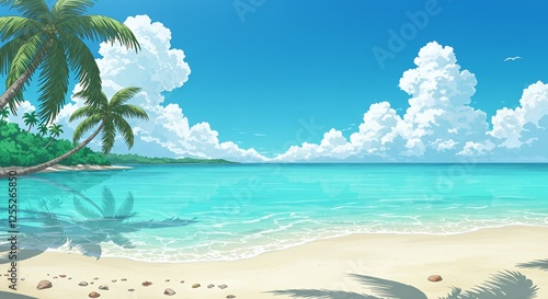 Tropical beach with turquoise water and palm trees overhead