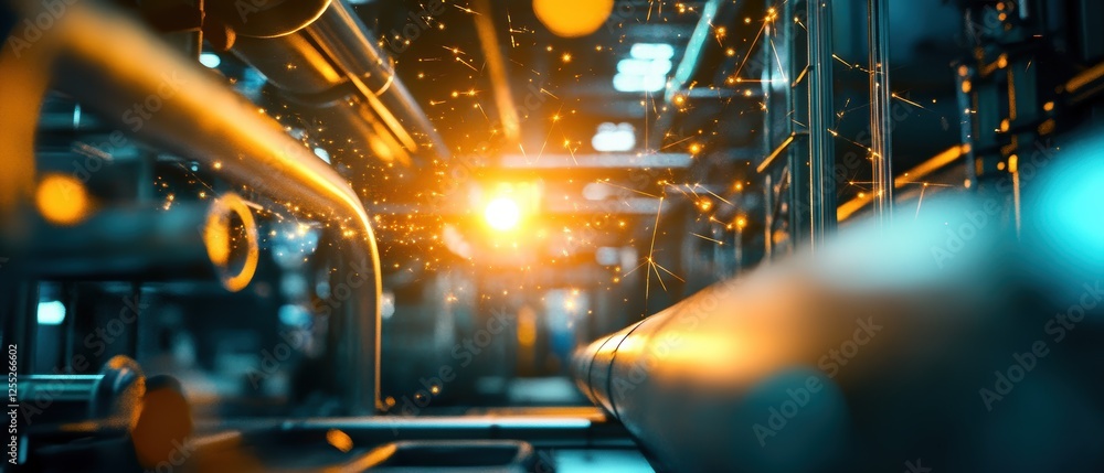 Pipelines and industrial infrastructure in a manufacturing facility with glowing lights reflecting on metal surfaces, showcasing modern technology and engineering. Pipelines and industrial infrastructure in a manufacturing facility with glowing lights reflecting on metal surfaces, showcasing modern technology and engineering.