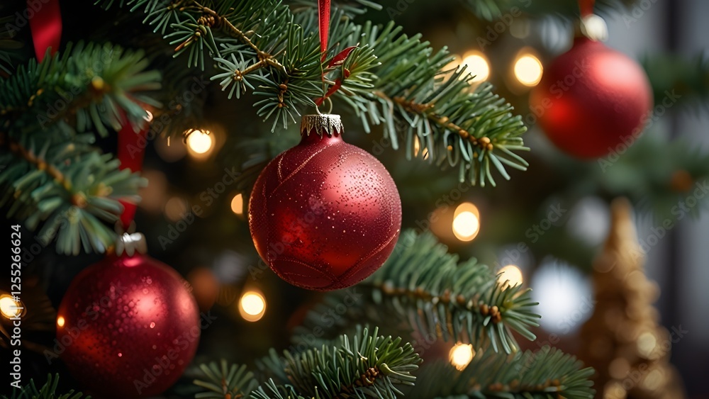 Festive Christmas Ornaments: A Close-Up of Red Baubles on a Lush Tree, Capturing the Spirit of the Holiday Season Festive Christmas Ornaments: A Close-Up of Red Baubles on a Lush Tree, Capturing the Spirit of the Holiday Season