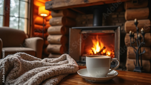 A crackling fireplace in a cozy log cabin, with a soft blanket and a cup of hot cocoa resting on a wooden table nearby