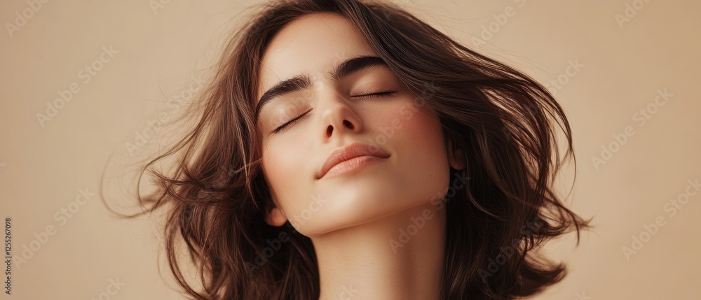 Naklejka premium Portrait of a woman with flowing hair enjoying a moment of serenity. Emphasis on natural beauty and relaxation, skincare routine and self-care concept.
