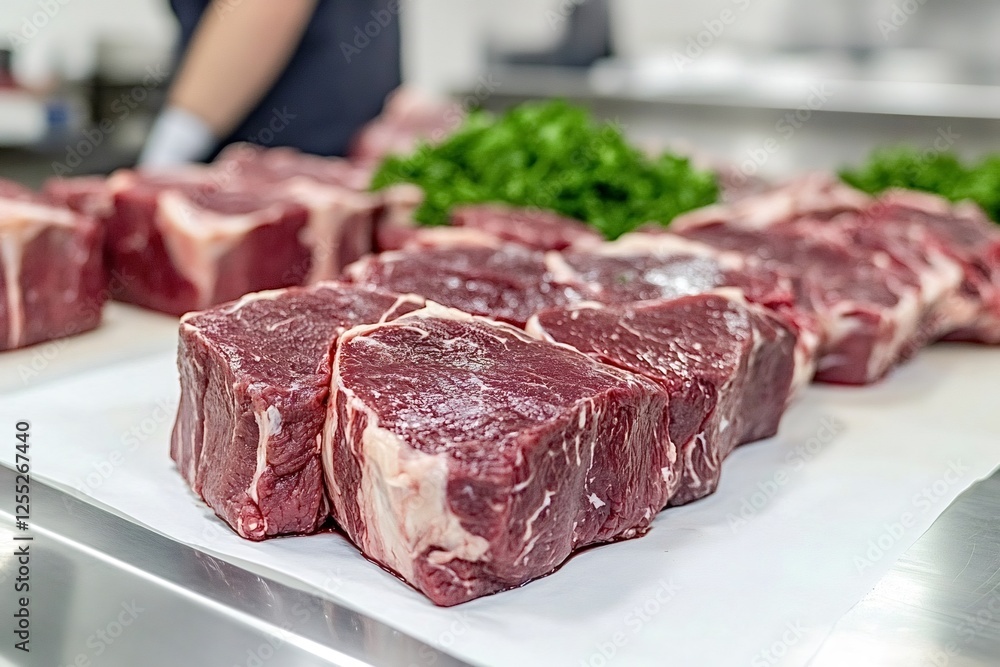 Freshly cut beef steaks arranged on butcher paper in a bustling commercial kitchen, awaiting preparation and cooking by a skilled chef, highlight the essence of culinary artistry Freshly cut beef steaks arranged on butcher paper in a bustling commercial kitchen, awaiting preparation and cooking by a skilled chef, highlight the essence of culinary artistry
