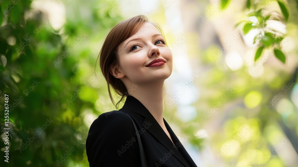 Portrait of a young woman smiling outdoors surrounded by green foliage, displaying confidence and happiness in a natural environment. Wellness, lifestyle, and positivity concept. Portrait of a young woman smiling outdoors surrounded by green foliage, displaying confidence and happiness in a natural environment. Wellness, lifestyle, and positivity concept.
