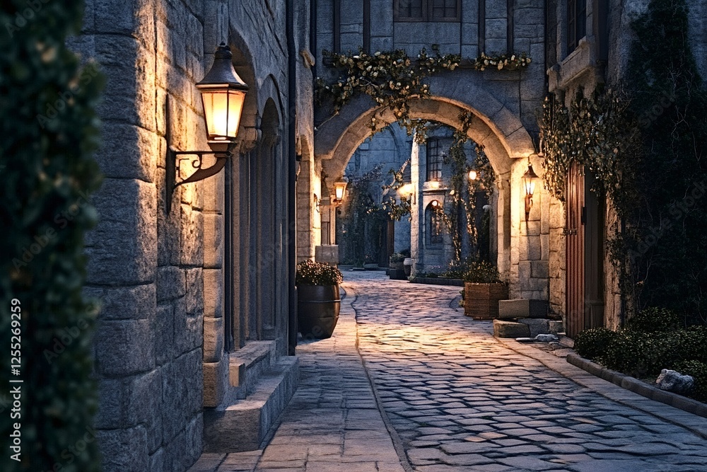 Fototapeta premium Warm street lamps illuminate a charming cobblestone alley winding through a medieval european town, creating a cozy and enchanting atmosphere at dusk