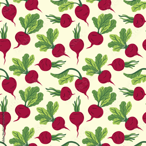 Seamless background of beets. Flat illustration of beetroot background. Beetroot seamless pattern. Beetroot flat background illustration.