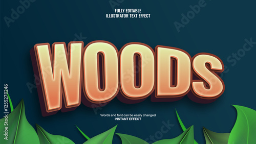 Editable Woods 3D Text Effect with Natural and Earthy Typography on a Forest-Inspired Background with Green Leaves.