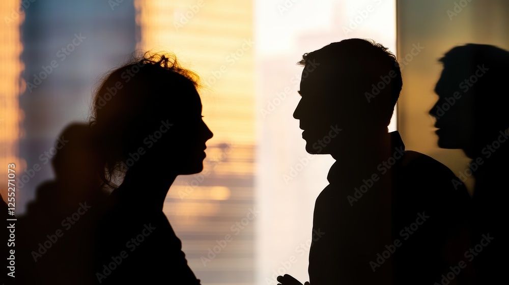 Silhouettes of business professionals engaged in deep conversation against a cityscape backdrop, reflecting teamwork, collaboration, and networking in a corporate setting. Silhouettes of business professionals engaged in deep conversation against a cityscape backdrop, reflecting teamwork, collaboration, and networking in a corporate setting.