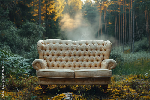 empty luxury sofa in the middle of a forest with flowers, romantic soft focus and ethereal light, sunrise photo