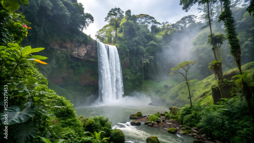 Majestic waterfall adventure tropical rainforest nature photography lush environment serene viewpoint tranquility concept