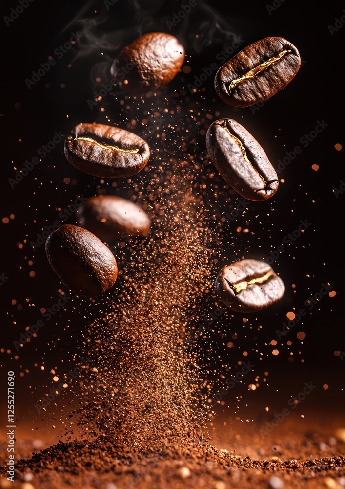 Coffee beans cascading with ground coffee, creating an aromatic cloud in a dark setting Coffee beans cascading with ground coffee, creating an aromatic cloud in a dark setting