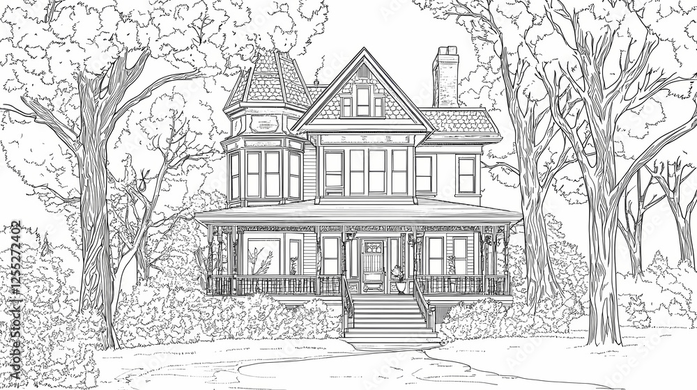 Obraz premium Black and white line art illustration of an old Victorian house with a large front porch surrounded by trees, a coloring book page