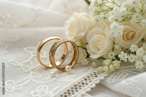 Wallpaper Mural wedding ceremony Elegant wedding rings resting on delicate lace with white roses and baby's breath, symbolizing love and commitment in a serene setting. Torontodigital.ca