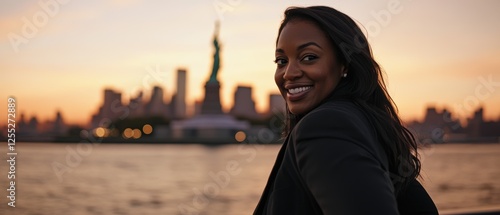 Smiling woman by the waterfront with the Statue of Liberty at sunset, symbolizing freedom, inspiration, and city life in New York with urban scenery.