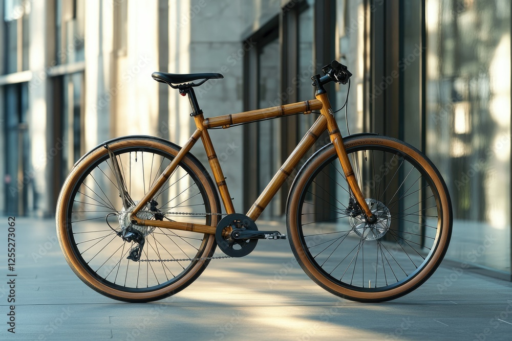 Fototapeta premium A stylish bamboo bicycle with a brown-tan tire, parked outdoors on a city street.
