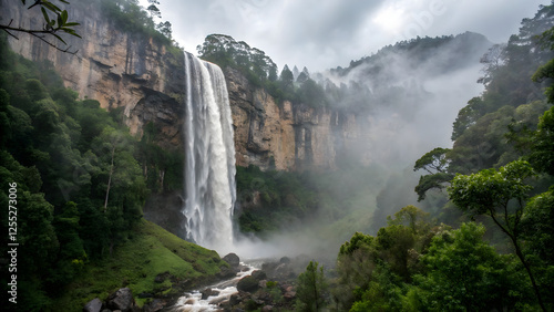 Majestic waterfall flowing in lush green jungle nature photography serene landscape captivating viewpoint