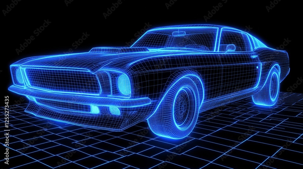 Futuristic car wireframe hologram on a digital grid, illuminated by blue neon lighting, representing technology, innovation, and automotive design. Futuristic car wireframe hologram on a digital grid, illuminated by blue neon lighting, representing technology, innovation, and automotive design.