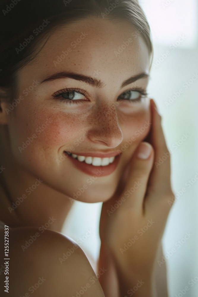Smiling young woman with clear skin and natural beauty, showcasing skincare routine and healthy lifestyle, enjoying wellness and self-care in natural light. Smiling young woman with clear skin and natural beauty, showcasing skincare routine and healthy lifestyle, enjoying wellness and self-care in natural light.