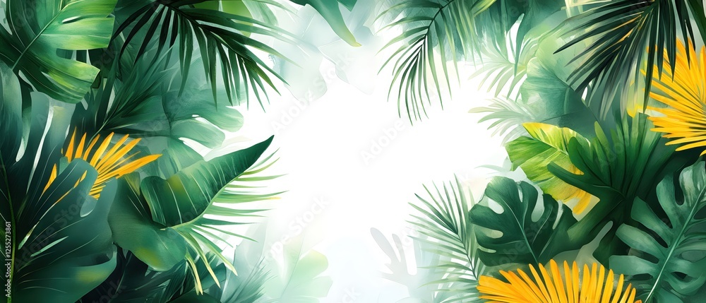 Naklejka premium Lush Tropical Foliage with Vibrant Yellow Accents Creates a Fresh and Exotic Atmosphere
