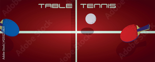 Flat vector illustration ping pong. Table tennis tournament red racket and yellow racket. Table for playing table tennis