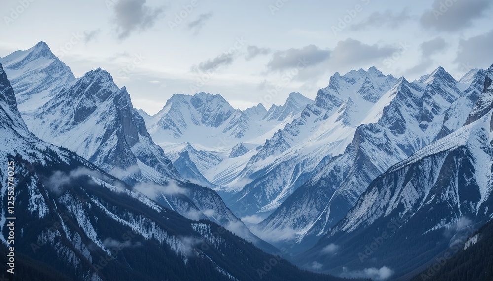 Obraz premium Majestic Winter Peaks: A breathtaking panoramic view of snow-capped mountains, their rugged peaks piercing a dramatic sky, evokes a sense of awe and serenity. 