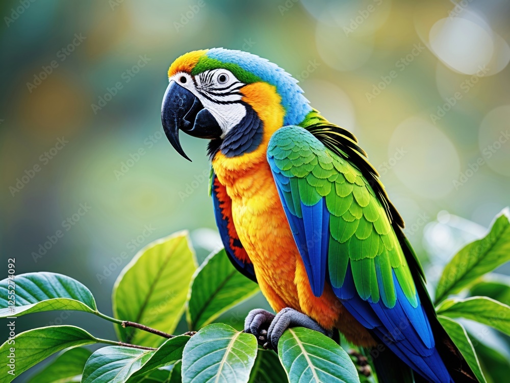 Fototapeta premium Blue and Gold Macaw Perched on Lush Green Leaves
