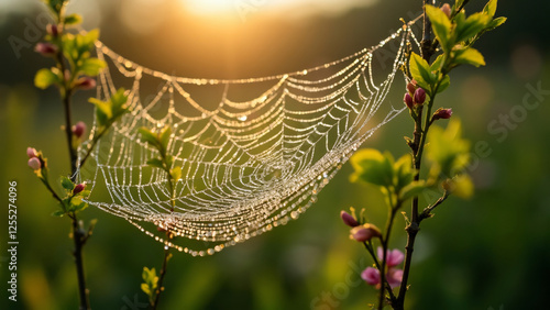 A dewdrop-covered spiderweb glistening in the early morning sunlight in a lush spring garden