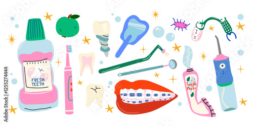 Orthodontic and dental care bright stickers. Healthy teeth. Different dental care accessories. Care of teeth with a brace system. Color stickers with toothpaste and brush, braces, dental rinse