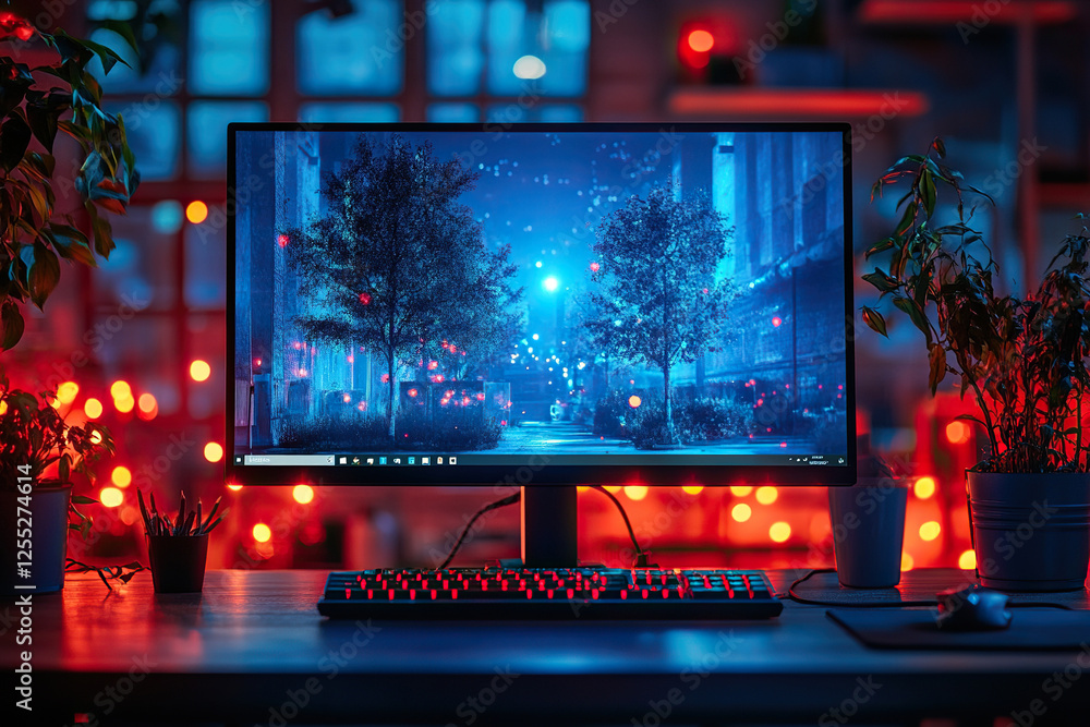 Front view of monitor, keyboard and potted plants on table in dark room. Home office. Generated by artificial intelligence Front view of monitor, keyboard and potted plants on table in dark room. Home office. Generated by artificial intelligence