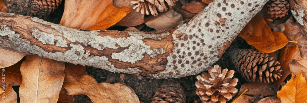 Autumn foliage with lichen-covered tree bark and pine cones on forest floor Autumn foliage with lichen-covered tree bark and pine cones on forest floor