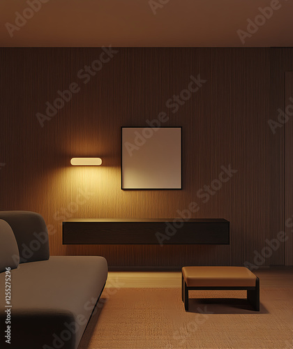 A dark wooden sideboard, an empty poster frame on the wall above it, a dimly lit room, brown and gold accents, a simple and elegant style, photorealistic.  photo