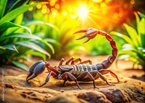 Asian Forest Scorpion on Sand in Tropical Garden photo