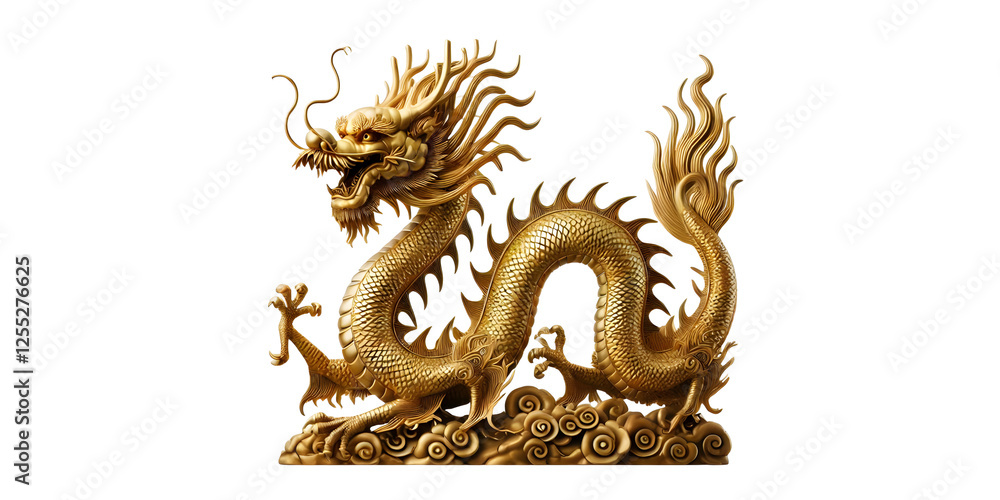 Fototapeta premium Chinese golden dragon isolated on transparant background with clipping path.Golden traditional chinese dragon isolated. Feng Shui statuette.png