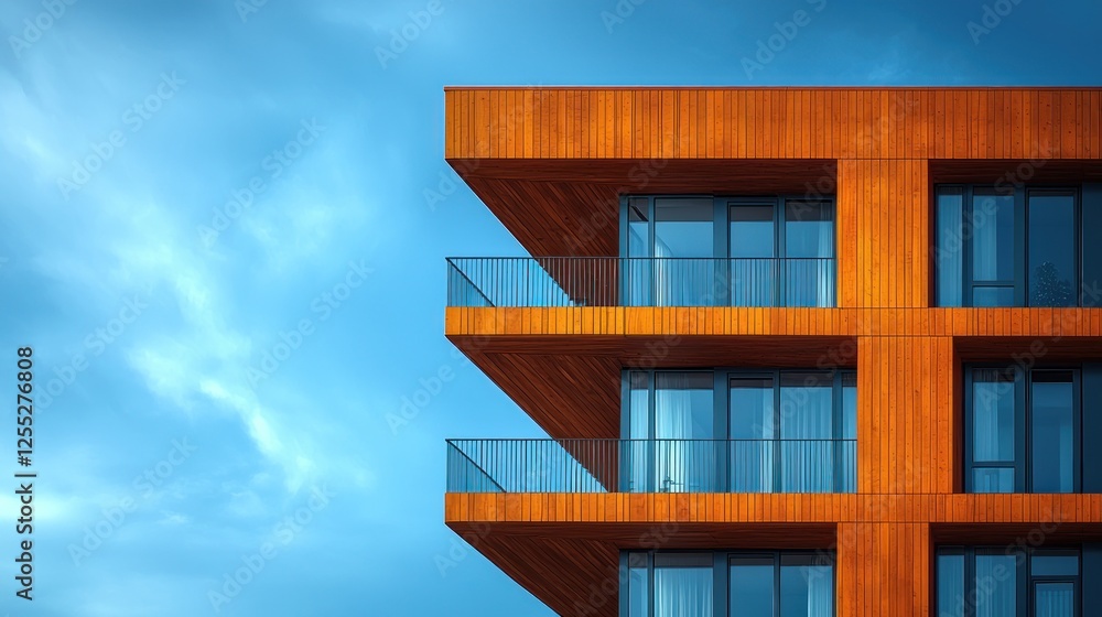 Modern architectural design of a wooden-clad building against a blue sky Modern architectural design of a wooden-clad building against a blue sky