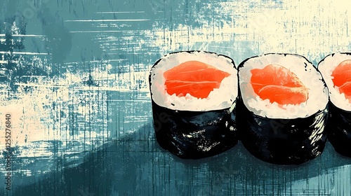 Sushi illustration featuring nigiri, maki rolls, and sashimi, perfect for culinary projects, restaurant branding, and packaging design, book illustration style