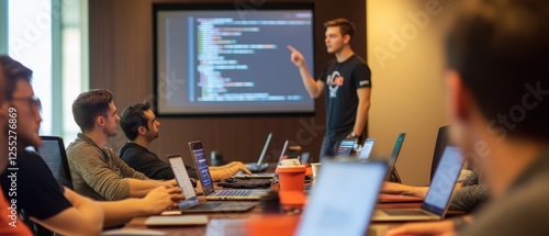 Team collaboration during a coding workshop in an office setting, sharing ideas on software development and programming best practices with laptops and presentations.