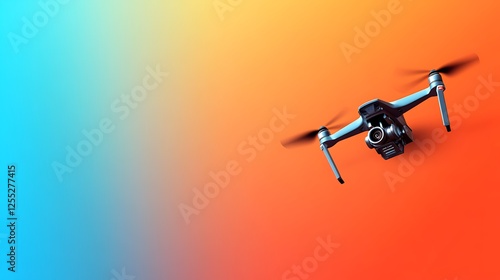 Drone in flight, gradient background, aerial photography, possible stock photo for tech and travel photo