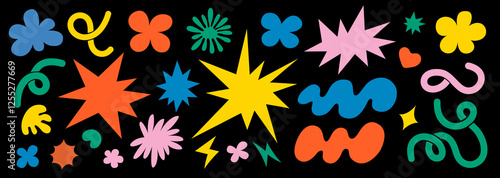 Abstract clouds and flowers shapes sticker set. Groovy funky flowers, bubbles, stars, loops and waves in trendy retro cartoon style. Vector illustration with wavy elements.