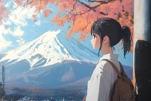 female anime character with mount fuji background