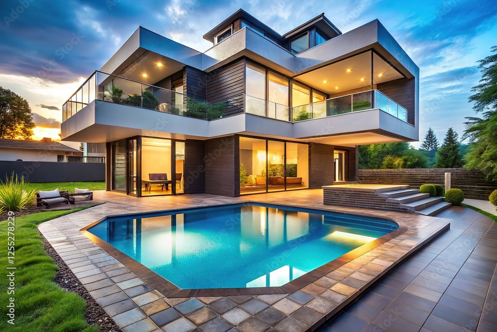 Fototapeta premium Breathtaking Hexagonal Pool House with Modern Carbon Fiber Facade