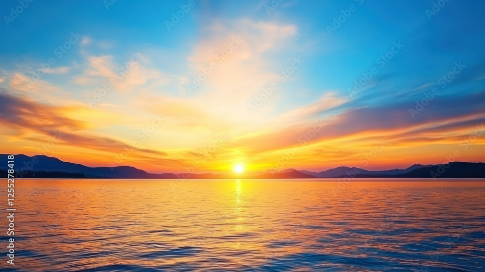 Obraz premium vibrant sunrise over lake with colorful clouds reflecting on water