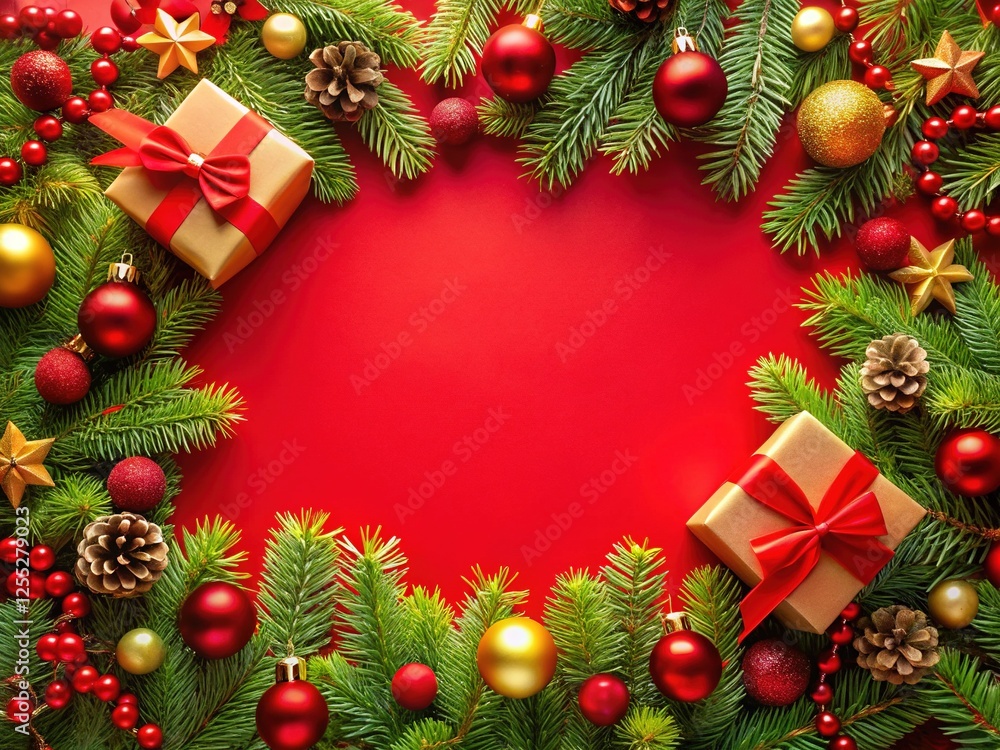 Christmas Frame with Fir Decorations and Gifts on Red Background Christmas Frame with Fir Decorations and Gifts on Red Background